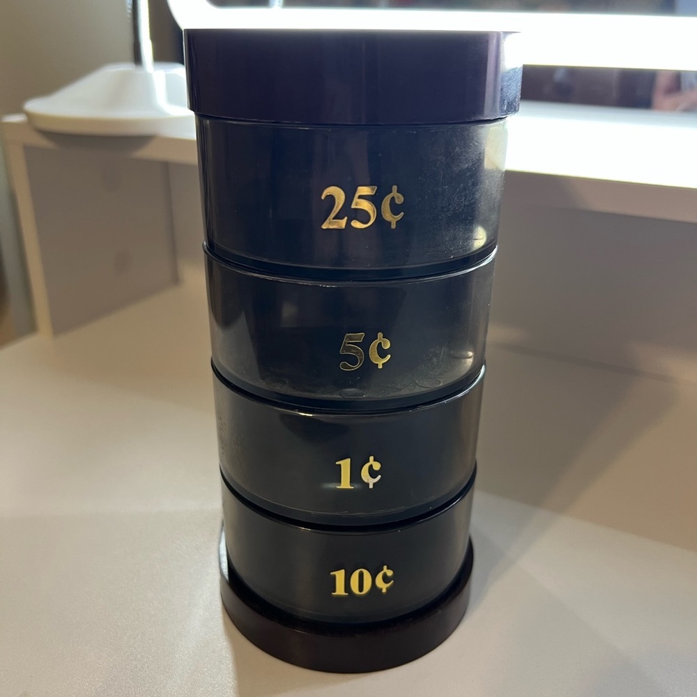 Vintage Dark Brown Plastic Coin Sorter with Gold Lettering